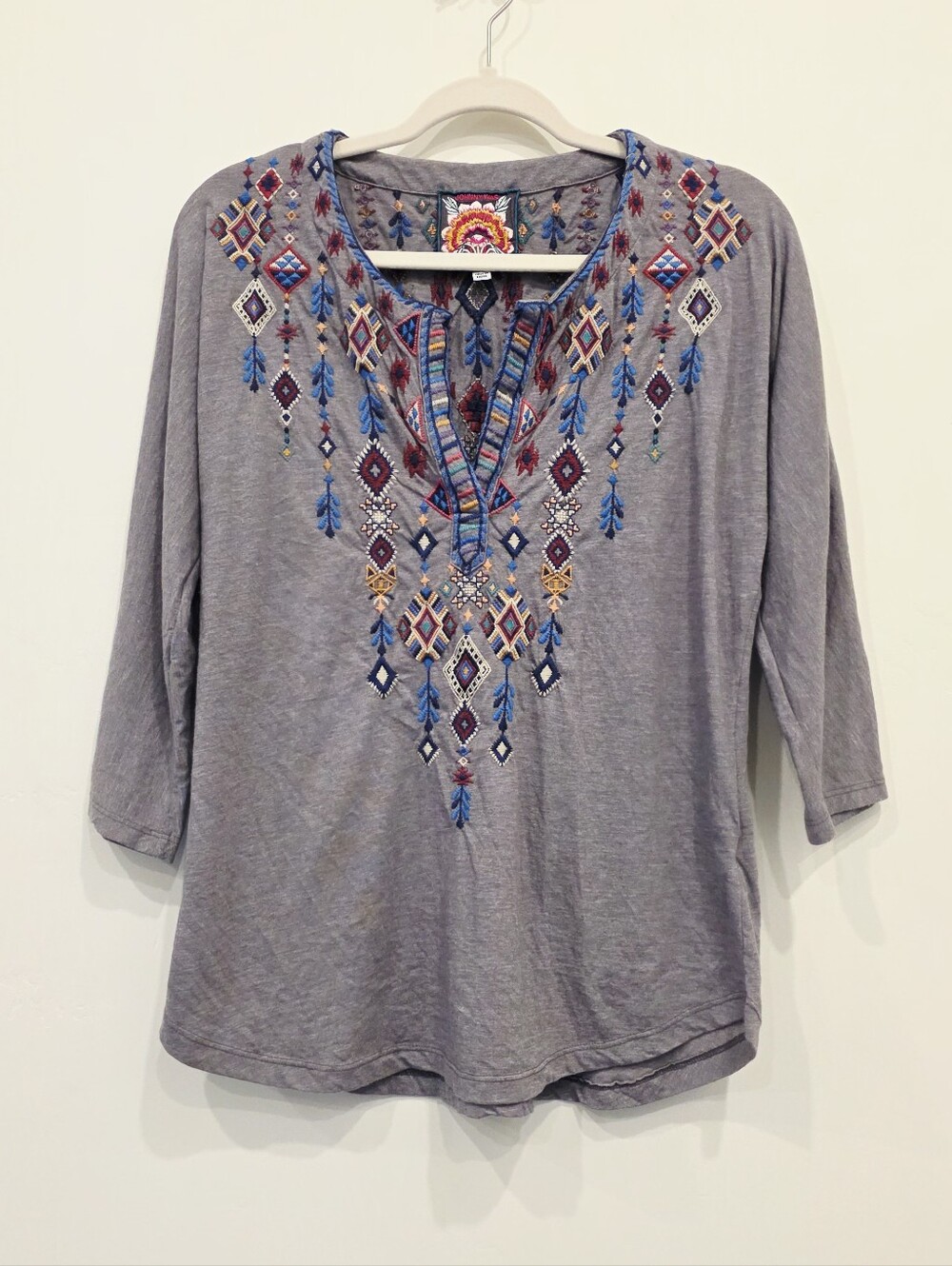 Johnny Was Ruah Kit Split V-Neck Embroidered Peasant Boho Top Women's Size XS